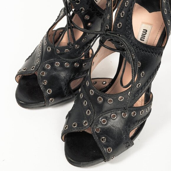 Miu Miu Black Leather Grommet Lace-Up Sandals - Picture 6 of 10